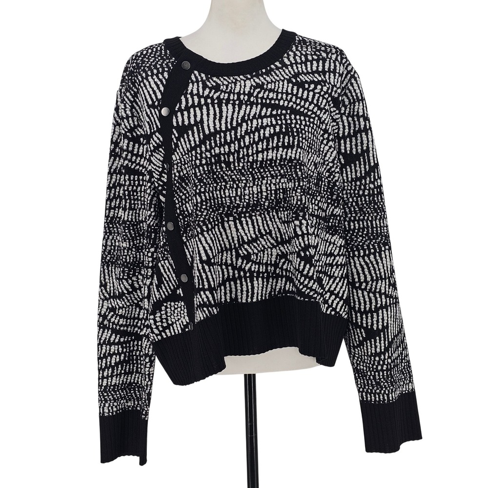 Misook Abstract Sweater 1X Black White Art Deco Faux Snap Designer Office Career